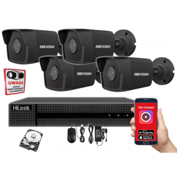 ZESTAW MONITORINGU IP Hikvision HiLook NVR-4CH-4MP/4P + 4x IPCAM-B4 BLACK 4MPX 2.8mm IR30 1TB